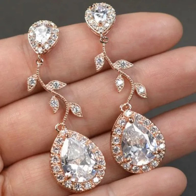 

Trendy Water Drop Cubic Zircon Rose Gold Leaf Stud Earrings Women High Quality Wedding Jewelry Valentine's Day Gifts