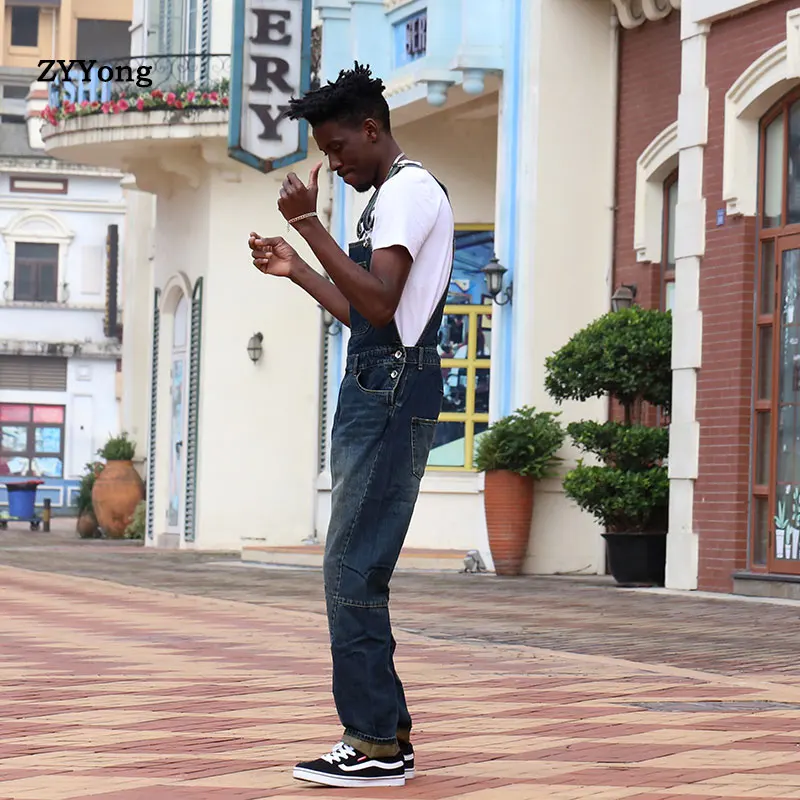 2020 New Fashion man Casual Loose Pocket Overalls Comfortabele Denim Jumpsuits Bib pants jeans baggy Jeans Man Blauw Broek