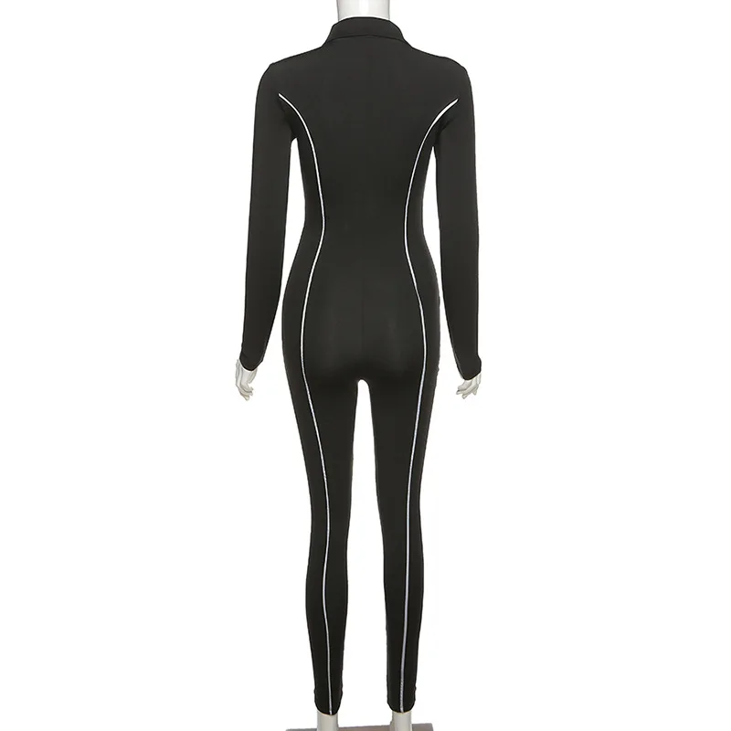 

Reflective Patchwork Long Sleeve Jumpsuit Turn Down Collar High Waist Zip Up Skinny Bodycon Streetwear Outfits Romper Autumn