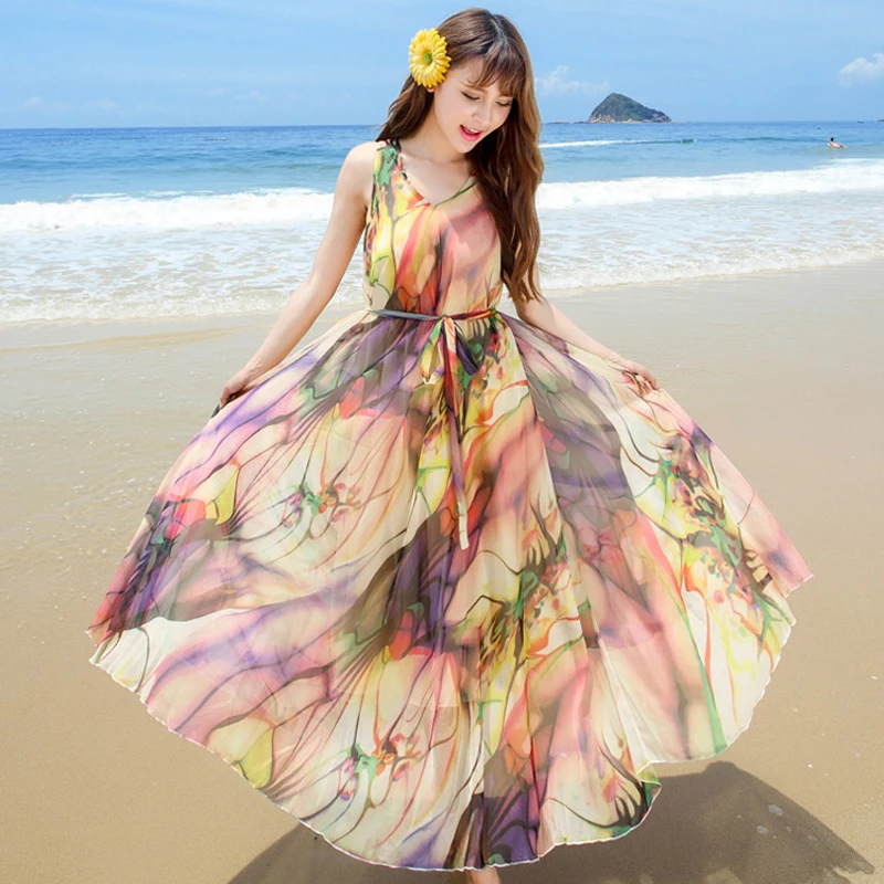 

Женское платье в западном стиле с тропическим принтом, шифоновое платье макси, летние пляжные повседневные платья для отдыха, большие размеры, женское платье, Халат