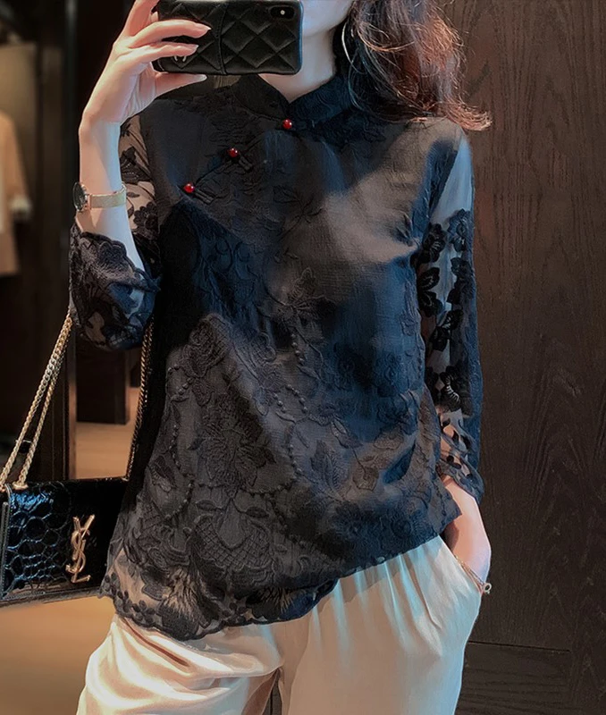Qipao de encaje de estilo chino para mujer, ropa vintage, disfraz asiático elegante, bordado tradicional, camisa elegante, tops cheongsam, 2023