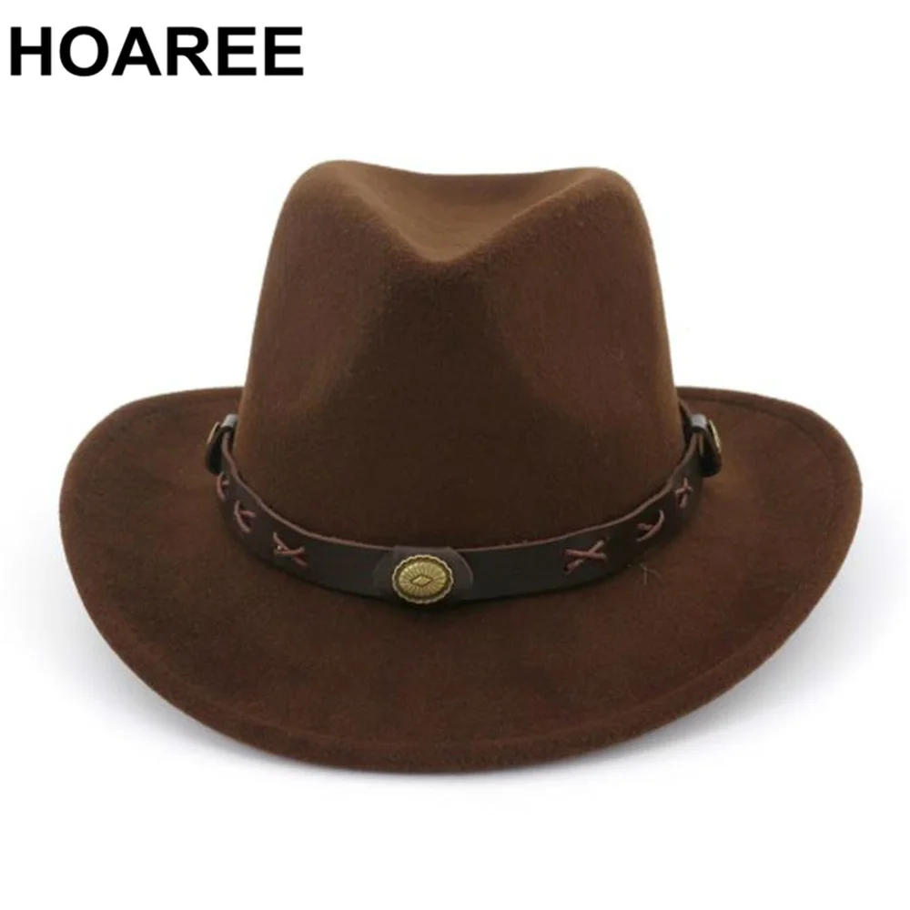 

HOAREE Autumn Winter Cowboy Hat Woolen Western Mens Hat Vintage Top Hats Men Women Warm Fedora Jazz Trilby Cap