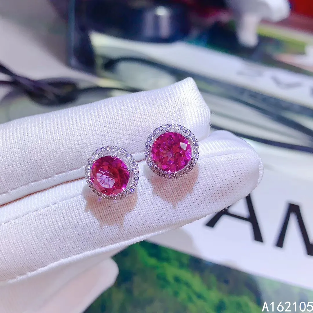 Fine jewelry 925 pure silver Chinese style natural pink topaz girl simple exquisite elegant round gem earrings ear stud support