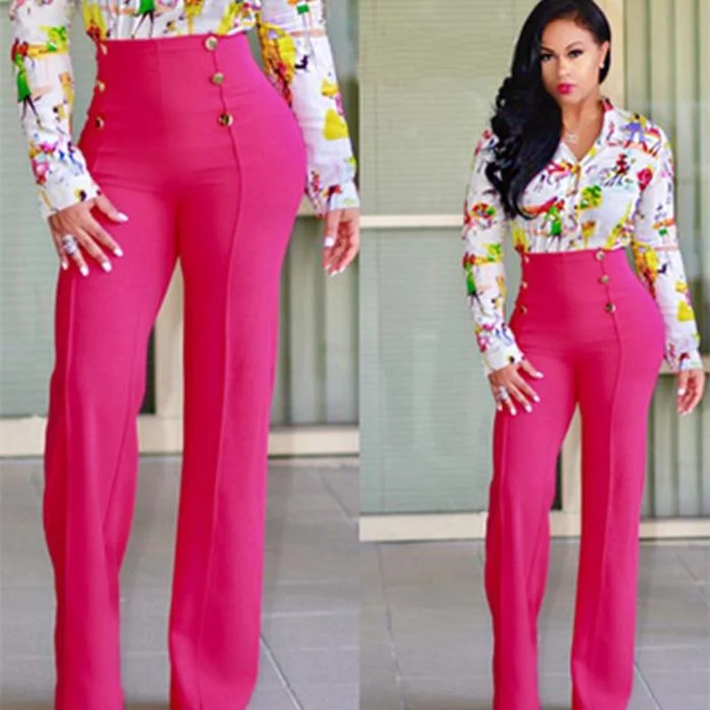 

Elegant Women High Waist Chiffon Causal Double Breasted Wide Leg Trousers OL Loose Pants