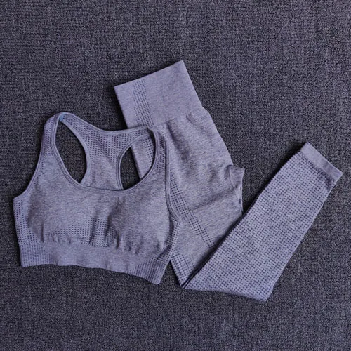 Gray blue 2 pcs set 2 шт., женские спортивный костюм, бесшовный комплект для йоги, спортивный комплект, высокая талия, леггинсы для бега, спортивные топы для фитнеса, одежда, спортивная одежда - Color: Gray blue 2 pcs set