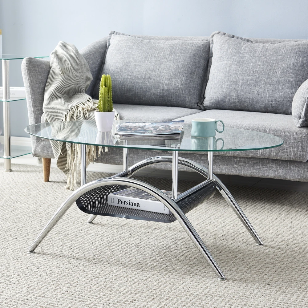 

US Warehouse 60*100*43cm Bottom Iron Sheet Crimping Tempered Glass Stainless Steel Legs Oval Coffee Table Side Table End Table