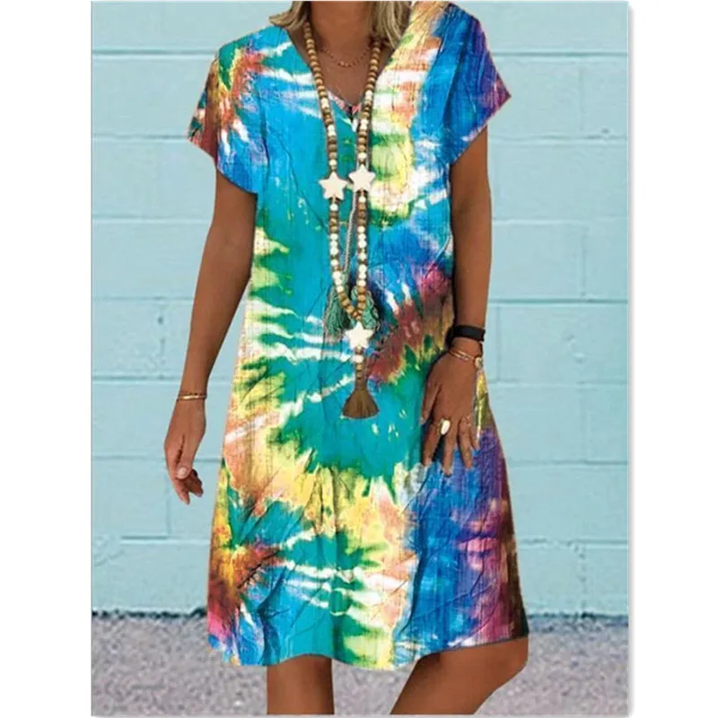 

Women's New Fashion Color Printing Short Sleeve V Neck Dress Summer Fashion Plus Size Clothing Casual Loose Short Skirt