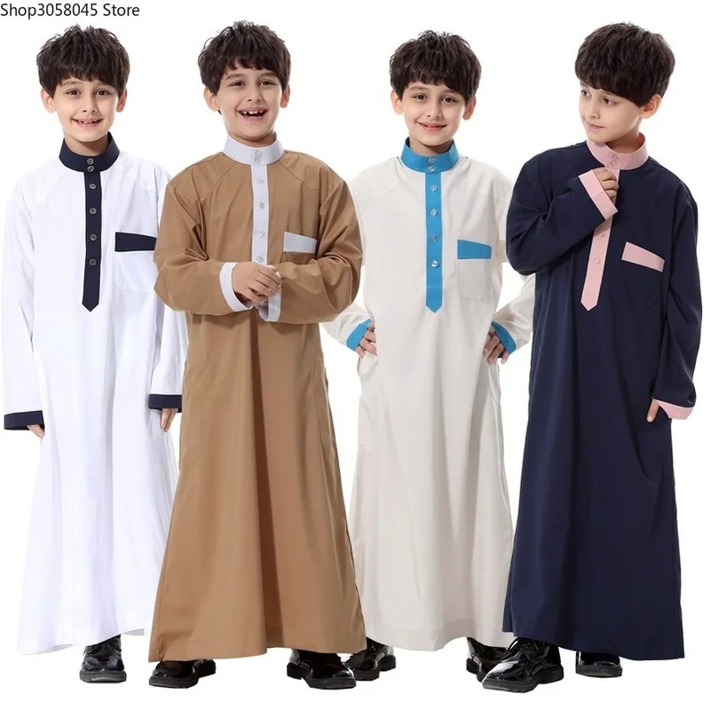 Arabic clothing for men Muslim kids abaya Stand collar ropa de dubai arabe djellaba long sleeve boy | Тематическая одежда и