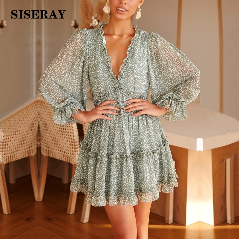 Женское летнее шифоновое короткое платье с принтом и рюшами сексуальное