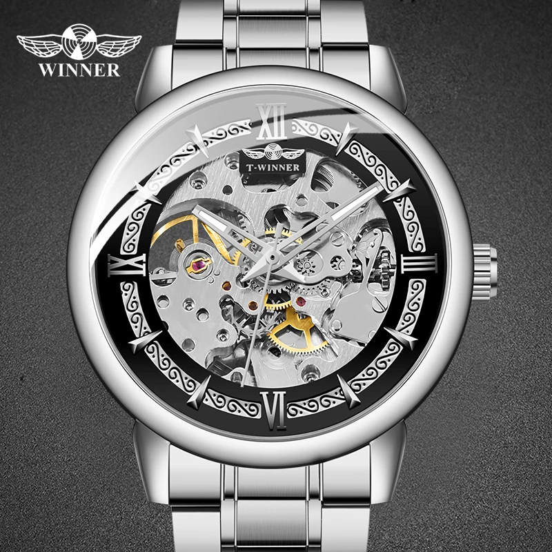 

winner Trendy Roman Top Luxury Skeleton Small Dial Men's Silver Business Automatic Manipulator Watches