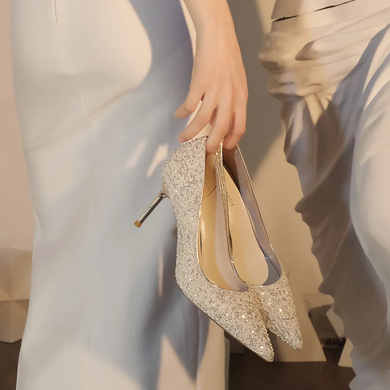 Женские блестящие Серебристые туфли-лодочки 8 см 6 на высоком тонком каблуке