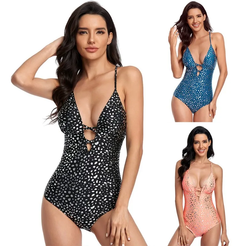 

Women One Piece Swimsuit Sexy Hollow Backless Swimwear Solid Color Bodysuit Female Print Bathing Suit V Neck Beachwear