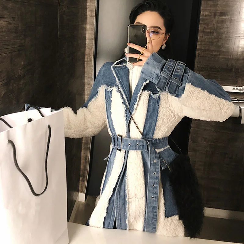 TWOTWINSTYLE Hit Color Patchwork Denim Tassel Trench Coats For Women Lapel Collar High Waist Sashes Windbreakers Autumn New