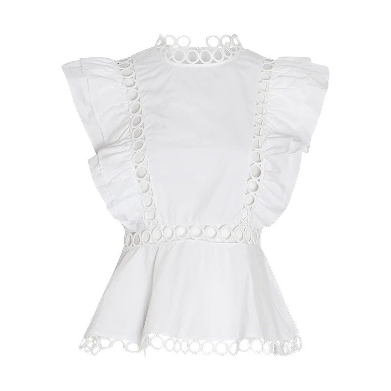 

Tide brand summer new heavy industry round stitching hollow ruffle sleeveless waist shirt blouse tide