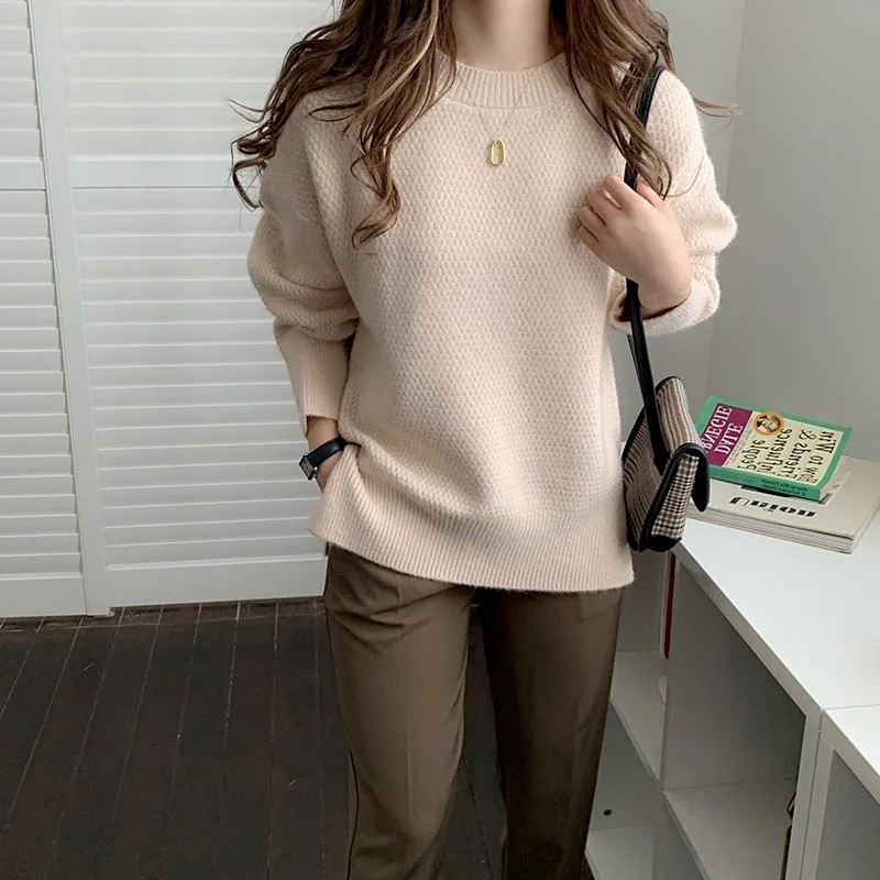 

New Autumn Winter Women's Wweater Pullover Knitted Round Neck Long Sleeve Solid Solor Loose Warm Tops Female Thick Pull Sweaters