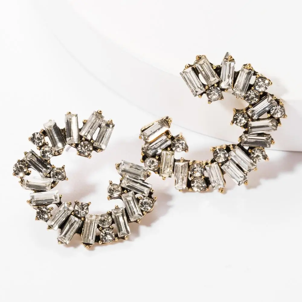 Full Crystal Rhinestone C Shape Earrings Women Luxury Elegant Half Round Female Statement ZA Jewelry 2020 | Украшения и