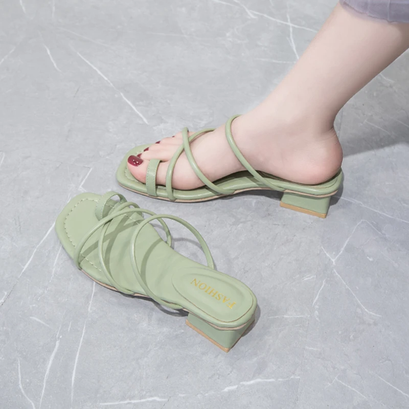 

All-Match Block Heels 2021 Summer Low Sandals Woman Leather Two Weare Female Shoe Flip Flops Platform Chunky Low-heeled New Girl