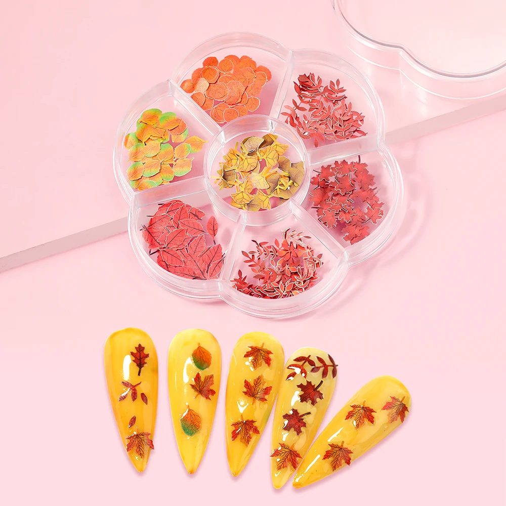 

2021 New Maple Leaf Wood Pulp Sheet Mixed 7 Grids Autumn Leaves Nails Art Sticker Design DIY Nails Art Sticker Design Decoration