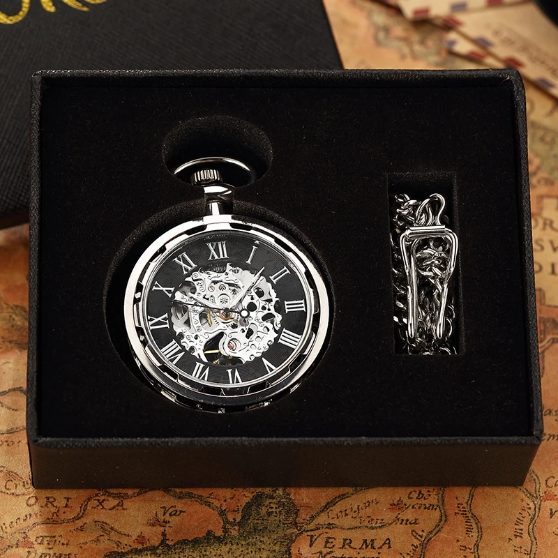 Old Mechanical Pocket Watch with Roman Numerals Number Skeleton Dial Fob China Clock with Gift Box for Men Gifts Dropshipping