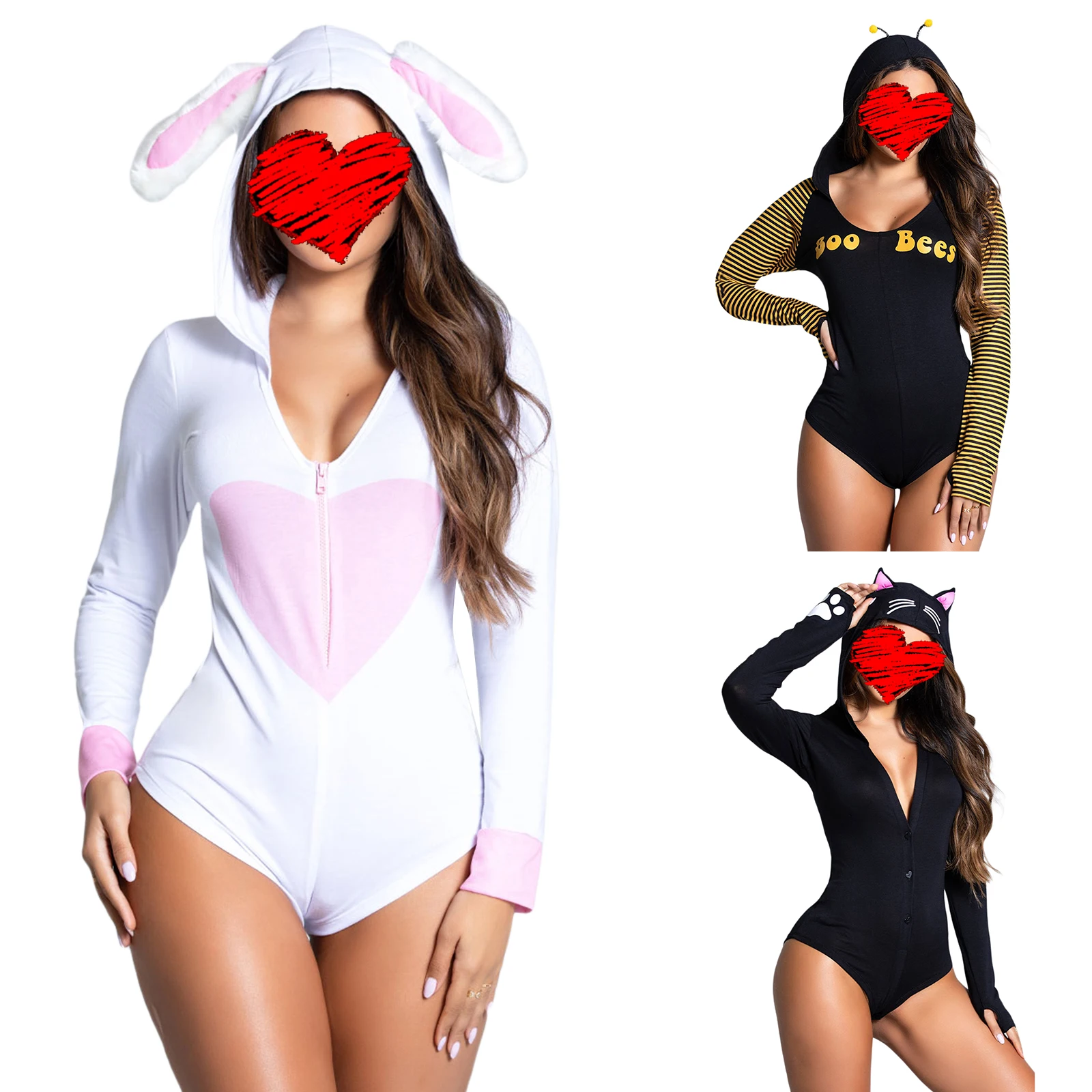 

Women’s Casual Long Sleeve Hooded Bodysuit Cartoon Animals Printing V-neck Tight Jumpsuit