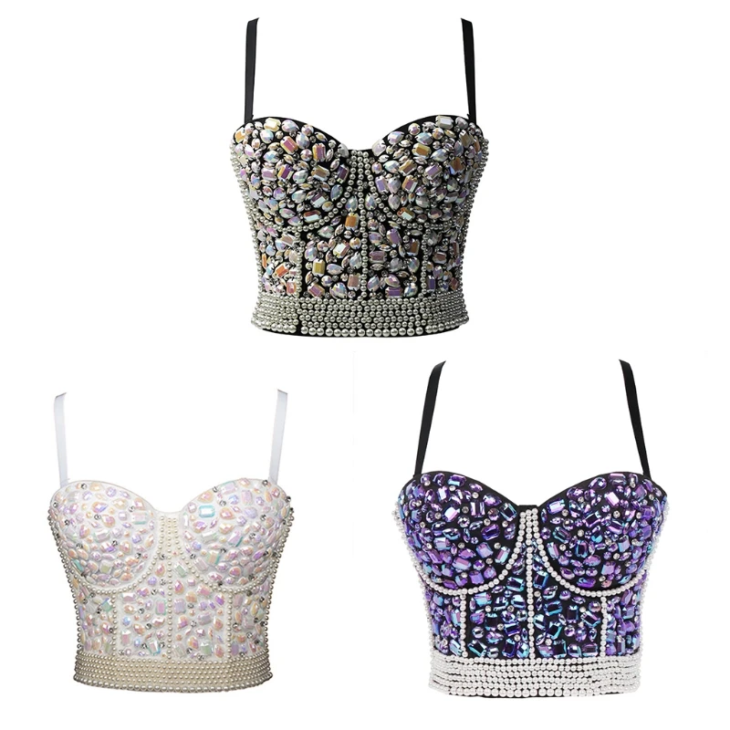 

Womens Colorful Rhinestone Push Up Bra Bustier Imitation Pearl Beaded Underwire Camisole Sexy Punk Party Clubwear Corset Crop