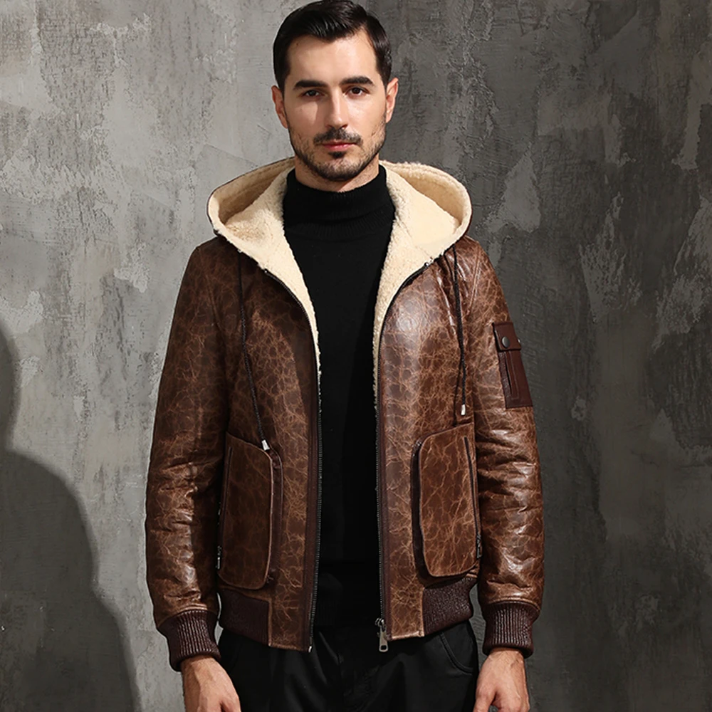 Мужская куртка из овчины с капюшоном Повседневная теплая зимняя цвета