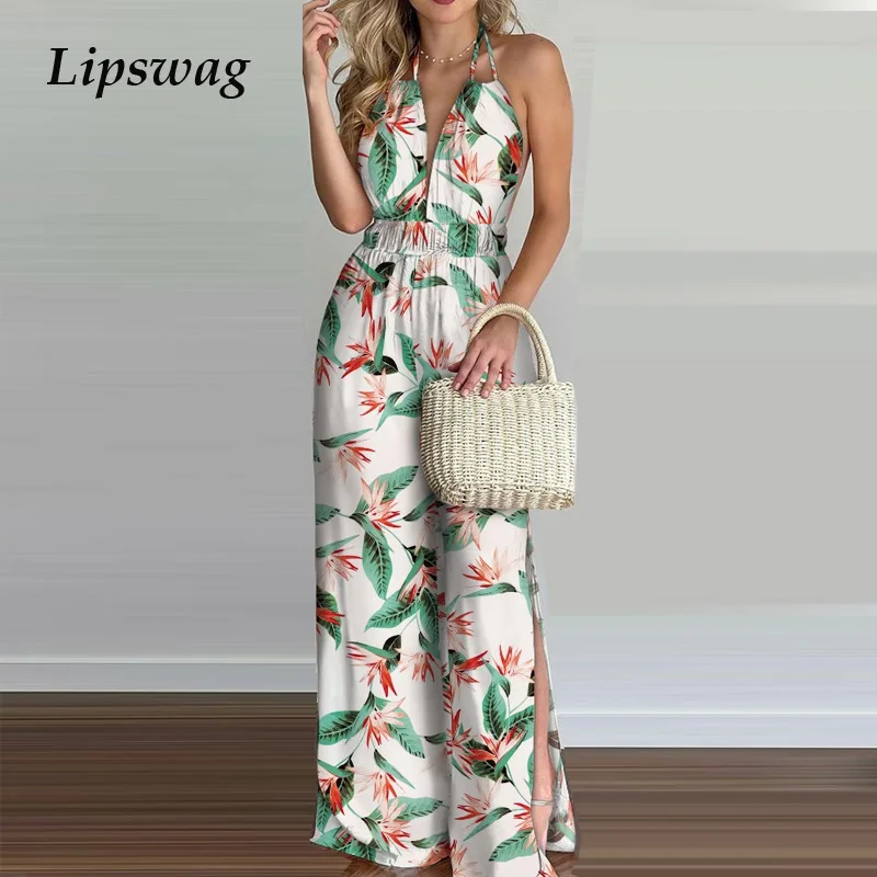 

2021 Summer Deep V-neck Halter Jumpsuit Women Sexy Sleeveless Backless Beach Romper Elegant Floral Print Wide Leg Pants Playsuit