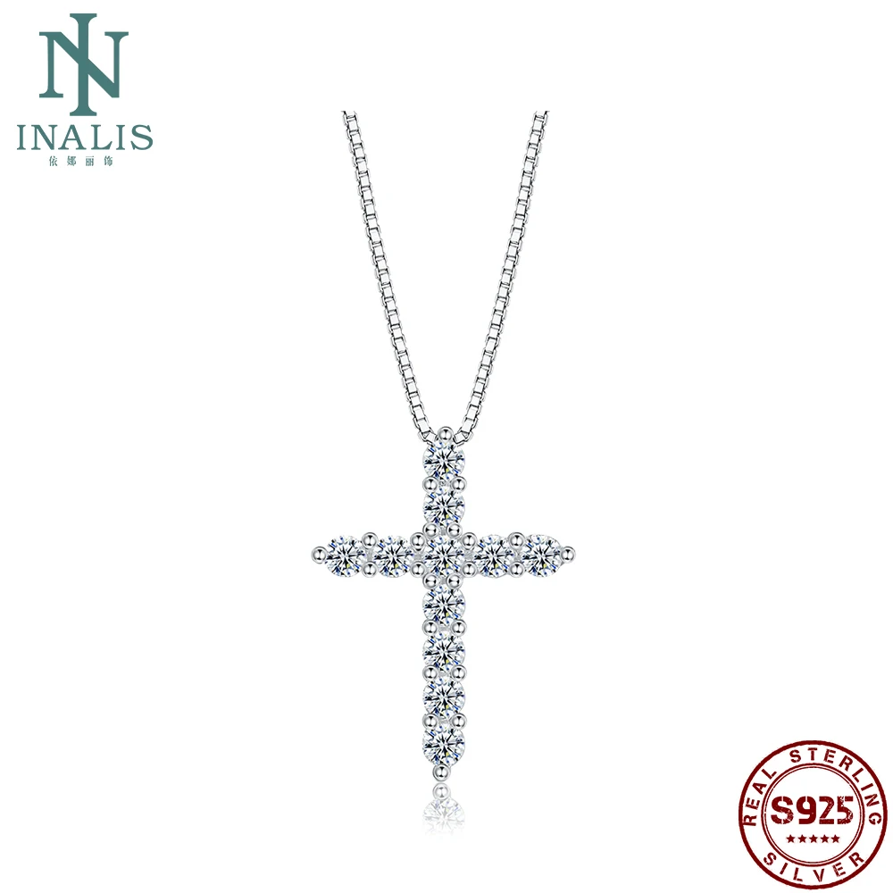

INALIS 925 стерлингового серебра ожерелье, подвеска, колье, для женщин, классический крест полный блеск кубического циркония ожерелье юбилей, хо...