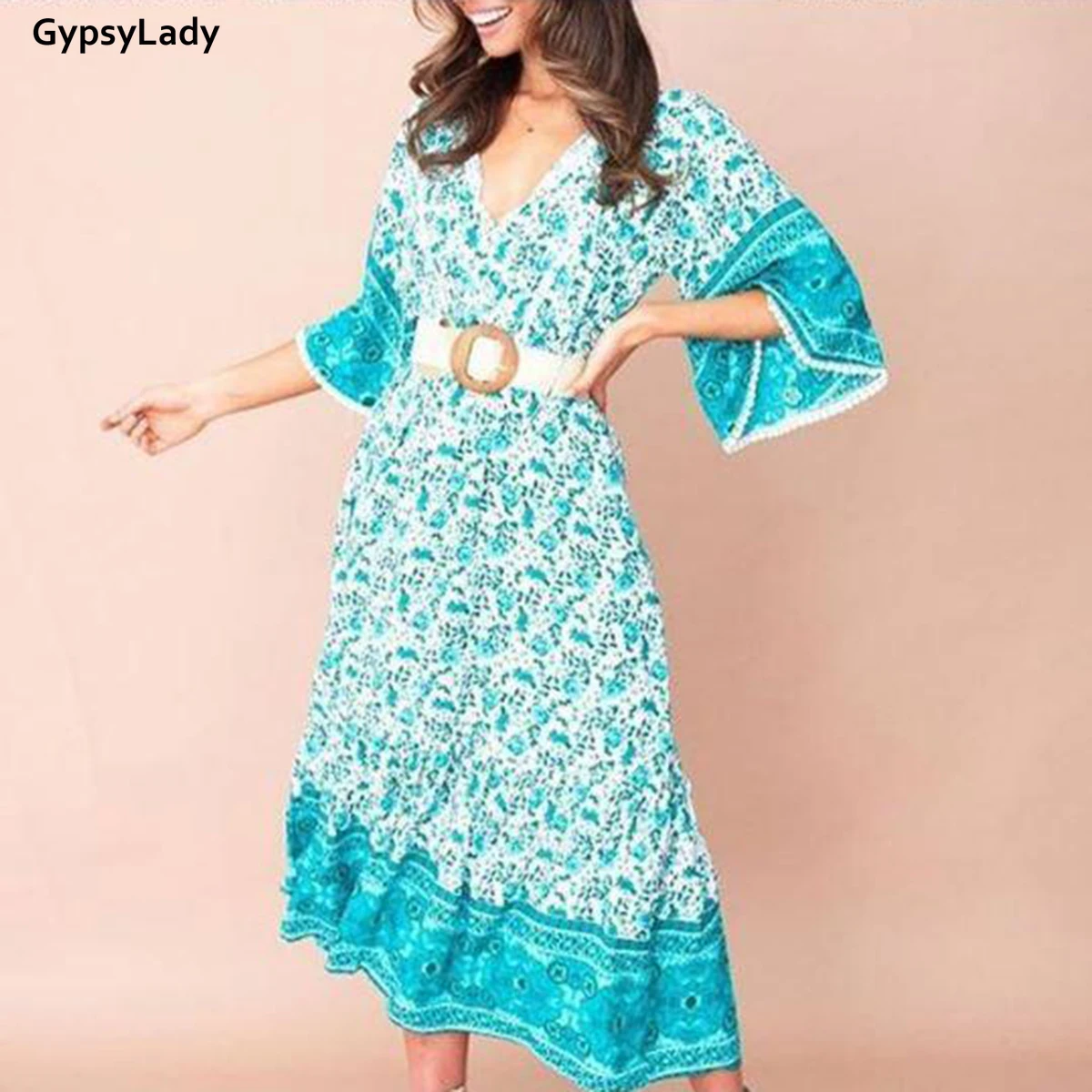 

GypsyLady Vintage Chic Boho Dresses for Women Red Floral Summer Dress Tassel V-Neck Loose Flare Sleeve Beach Dress Casual Female