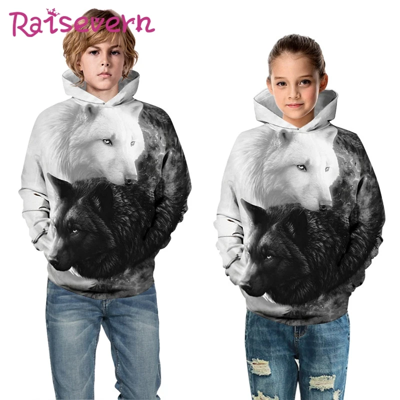 Детские толстовки с капюшоном 3D принтом животных пальто волк и Лев топы для детей
