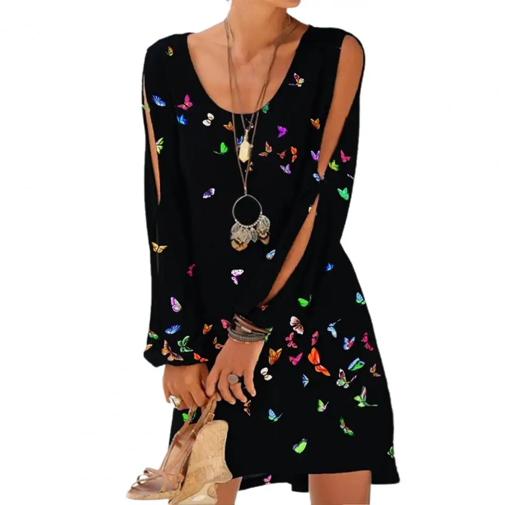 

Women Dress Butterfly Print O Neck Hollow Out Long Sleeve Loose Mini Dress for Beach