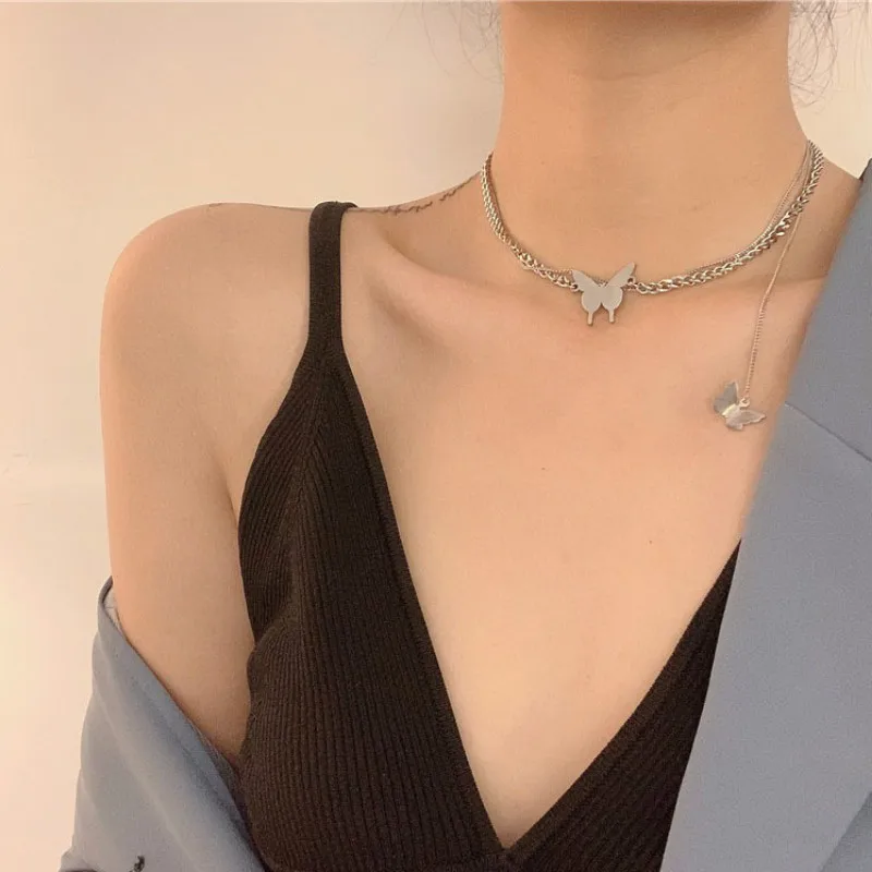 

Kpop Simple Stainless Steel Butterfly Layered Chain Choker Necklace Fashion Pendant Clavicle Chain Necklace Jewelry Women
