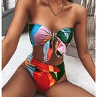 Бразильский бикини 2021 Новый Модный Купальник с узлом Цвет блок с принтом, с завышенной талией, купальник женский ручной пуш-ап купальник пляжная одежда
