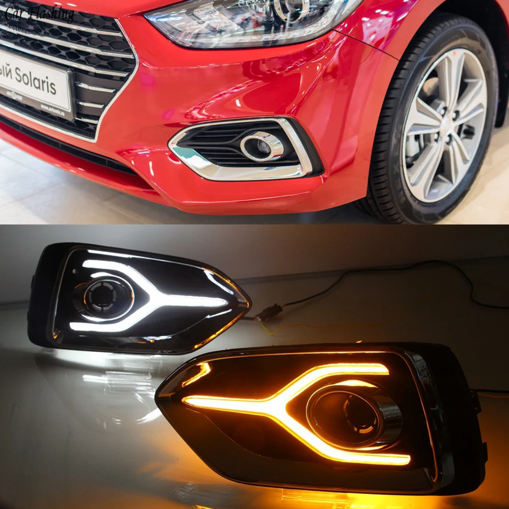 1 Пара для Hyundai Accent Solaris 2017 2018 2019 2020 Желтая функция поворотного сигнала 12В Автомобильная DRL LED Дневной светильник Противотуманный светильник включен.