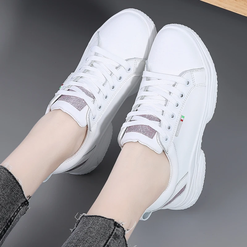 Women Tennis Shoes Air Cushion Sports Shoes High Heels Lace Up Female Leather Footwear Outdoor Thick Bottom Women Sneakers