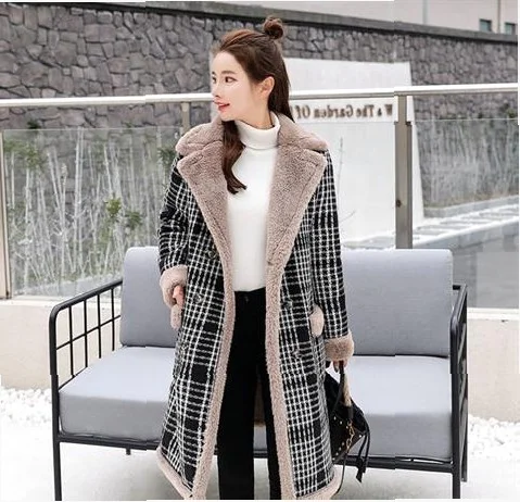 Женское зимнее осеннее длинное шерстяное пальто в клетку кашемировое теплая