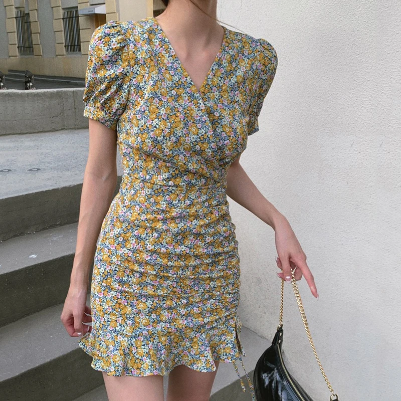 

French Style Elegant V-neck Floral Print Dress Women Fashion Ruffle High Waist Mini Wrap Dress Ladies Sexy Summer Dresses