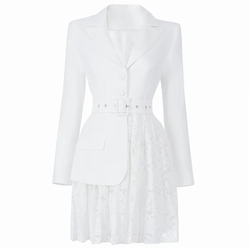 

DEAT Women White Patchwork Lace Belt Pockets Dress New Turn-down Collar Long Sleeve Slim Fit Fashion Tide Summer 2021 7E0161