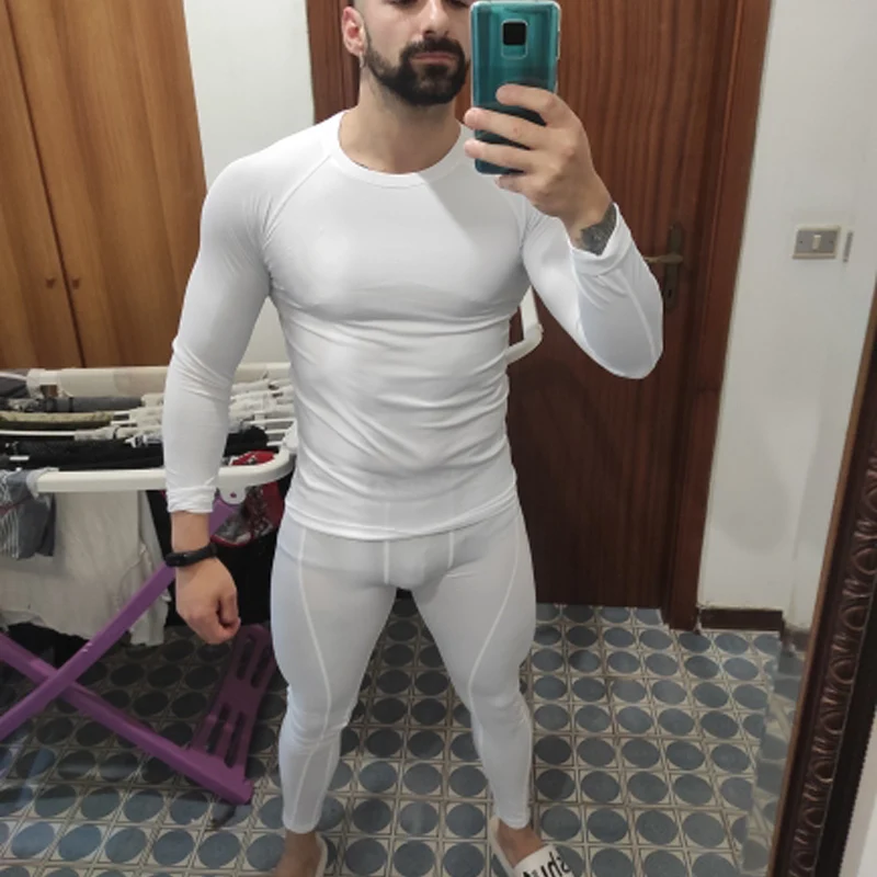 Thermal Set Compression Men's Long Underwear Suit Rashguard  White Winter Warm First Layer Tights T-shirt + Leggings 2pc Set Men