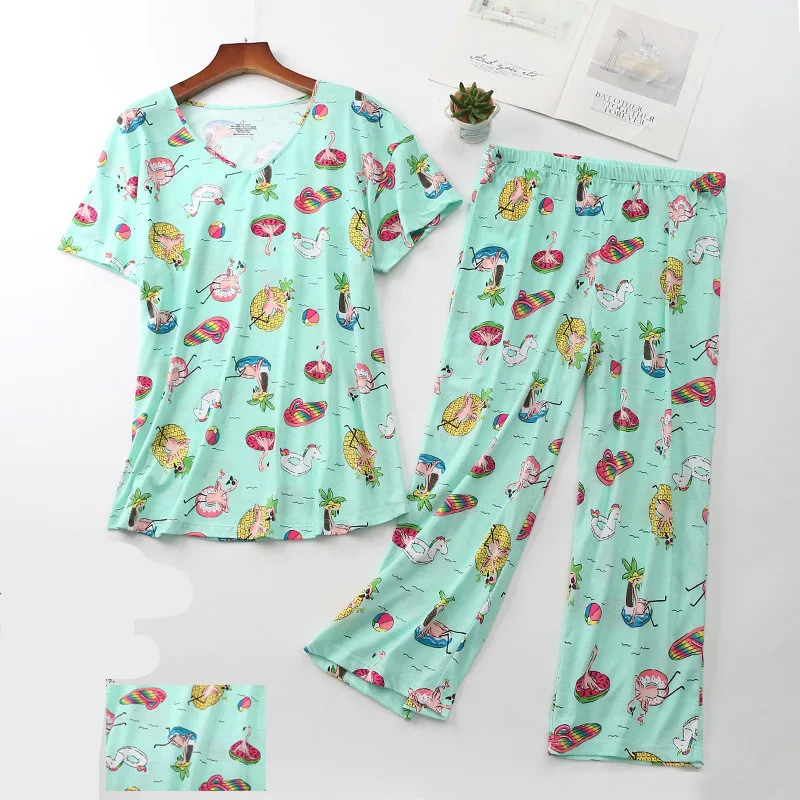 

Сексуальный популярный пижамный комплект, женская футболка с коротким рукавом и длинные брюки, коллекция 2020 года, модная домашняя хлопкова...