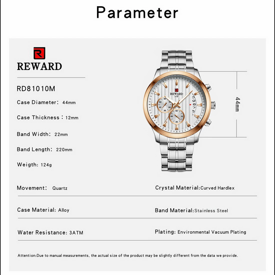 

REWARD Quartz Watches Rose Gold Case Stainless Steel Band Calendar Display Waterproof Male Clock Business Watches Relogios