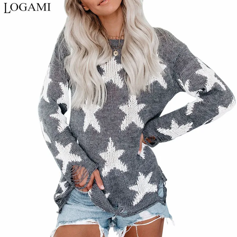 LOGAMI Star Knit Pullover Women O Neck Long Sleeve Destroy Sweater and Women's Fall Jumper | Женская одежда