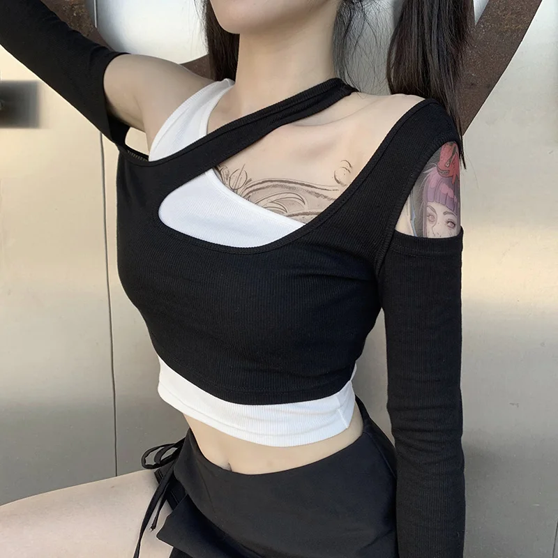 

FAKUNTN Punk Fashion Black White Patchwork Tops Long Sleeve Crop Tops Female Harajuku Grunge Off Shoulder Bodycon Tops Autumn