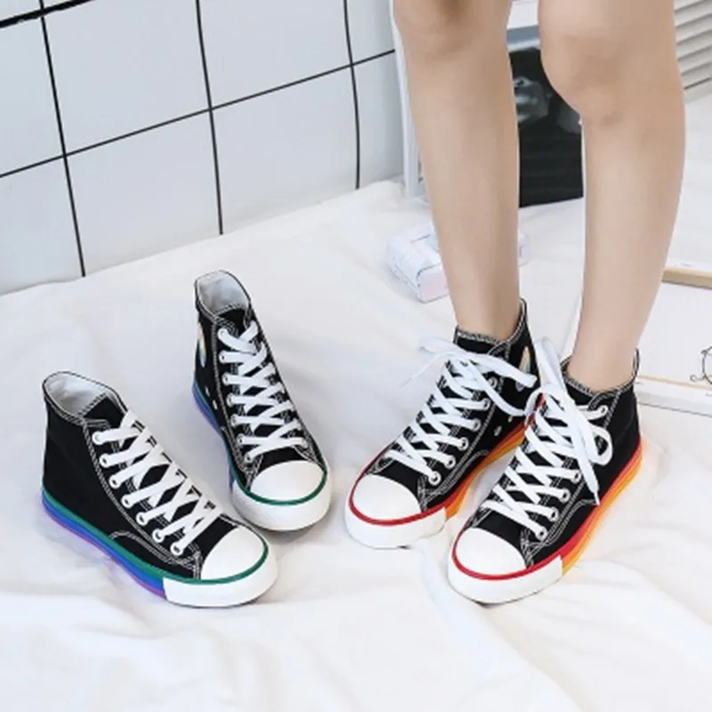 Spring Korean Version Of Canvas Children's Shoes Girls High-top Lace-up Fashion Trend Students Rainbow Soles Casual | Детская одежда