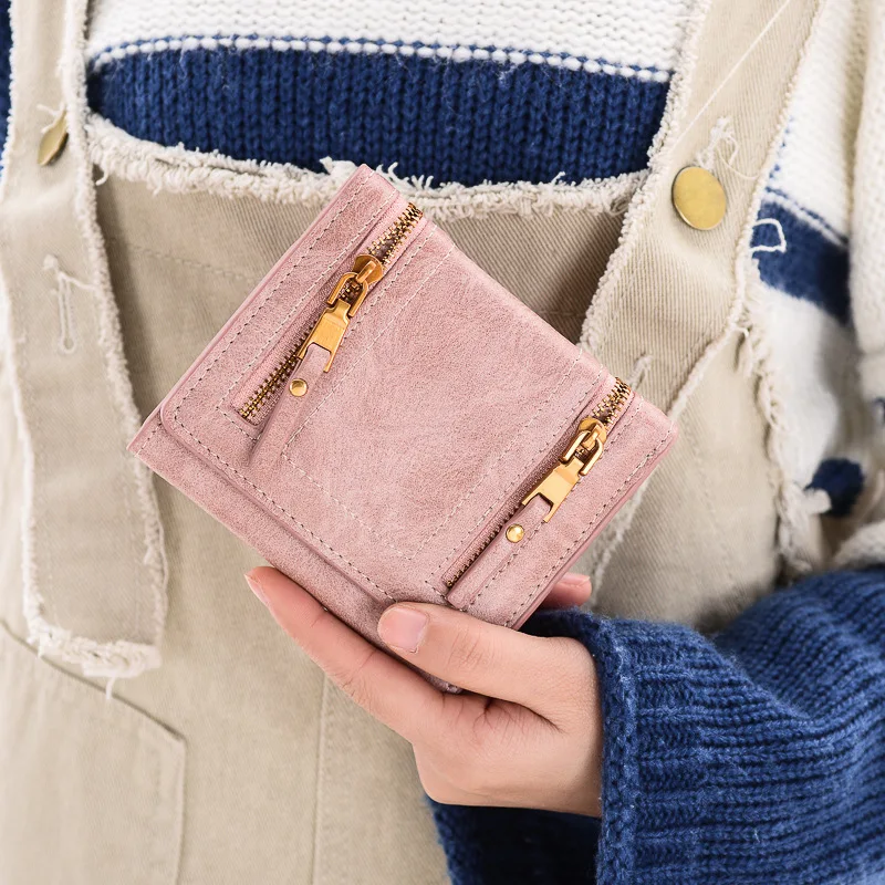 Женский винтажный кошелек модный короткий из вощеной кожи с двумя цепочками |