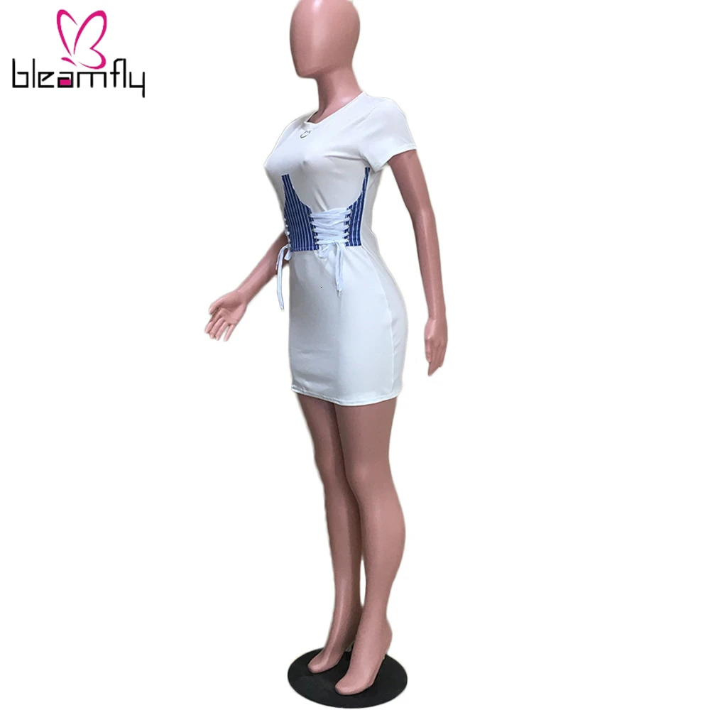 2019 женское летнее платье с коротким рукавом и О-образным вырезом на шнуровке