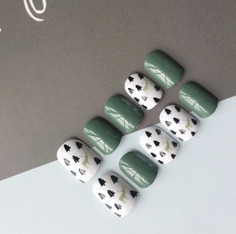 24 шт. зеленое дерево и олень поддельные накладные ногти Короткие Овальный полный