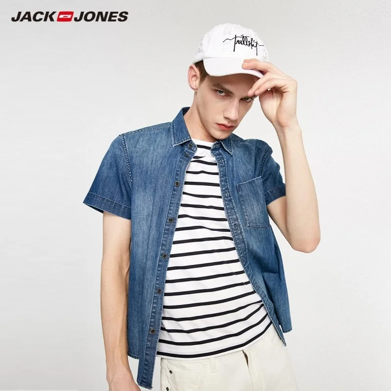 Мужская джинсовая рубашка JackJones приталенная с короткими рукавами в Корейском