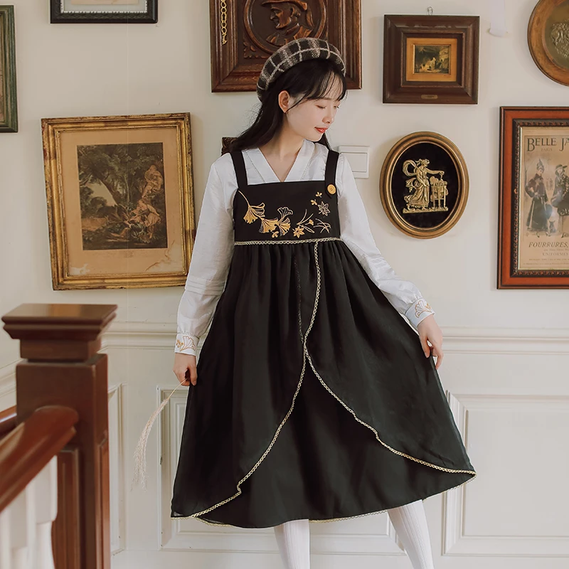 

2021 Spring Autumn Women Dress Vintage High Quality 2 piece set Embroidery Chinese style Retro Female
