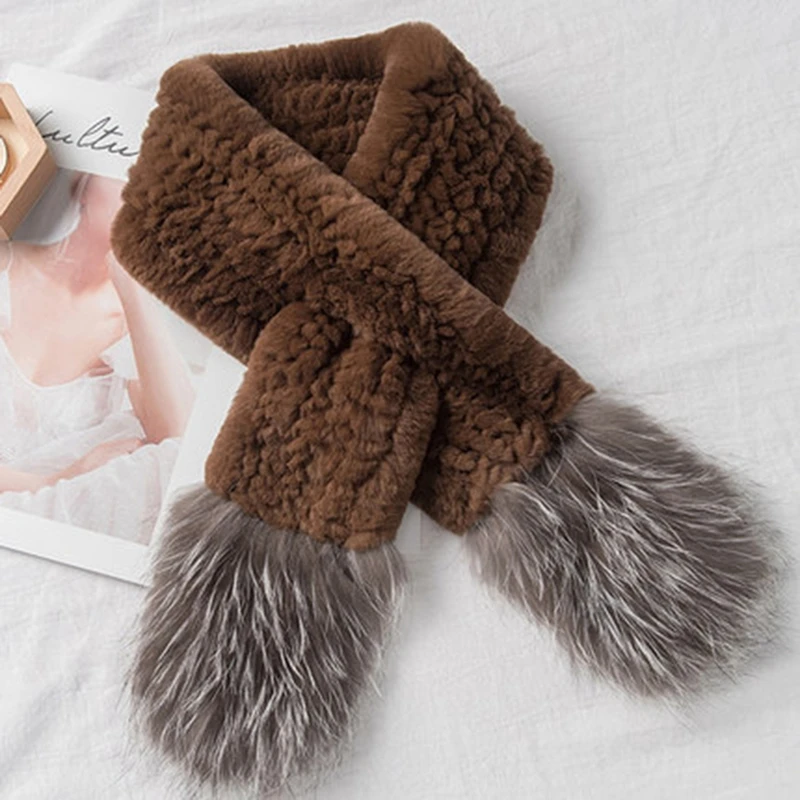 

New Arrivals Real Rabbit Fur Scarves With Silver Fox Fur Women Winter Thick Warm Real Fur Shawl Natural Fur Muffler S7704